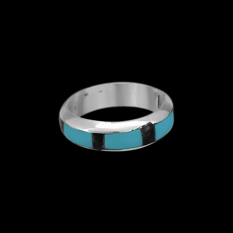 Vintage 925 Sterling Silver Turquoise & Black Onyx Ring, Rectangle Segmented Band Design, Handmade Gemstone Jewelry, Statement Navajo Birthstone Band (6.5)