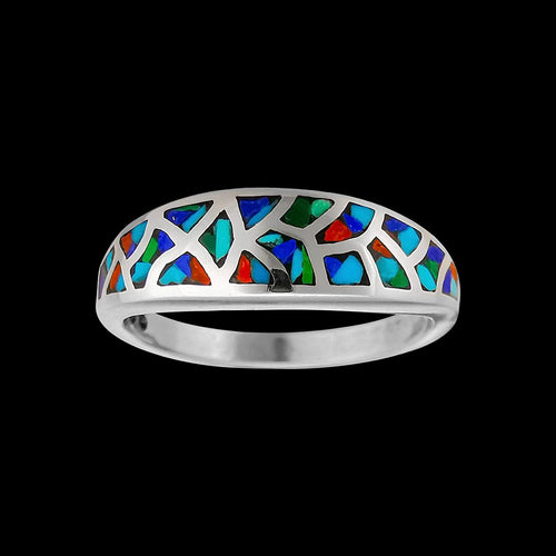 Size 8-925 Sterling Silver & Mixed Stone Mosaic Band, Abstract Gemstone Band, Handcrafted Birthstone Jewelry