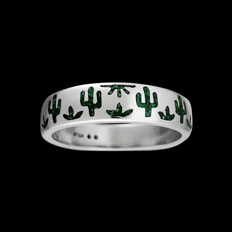 Saguaro Cactus Ring • Sterling Silver • Navajo Handmade • Malachite Inlay