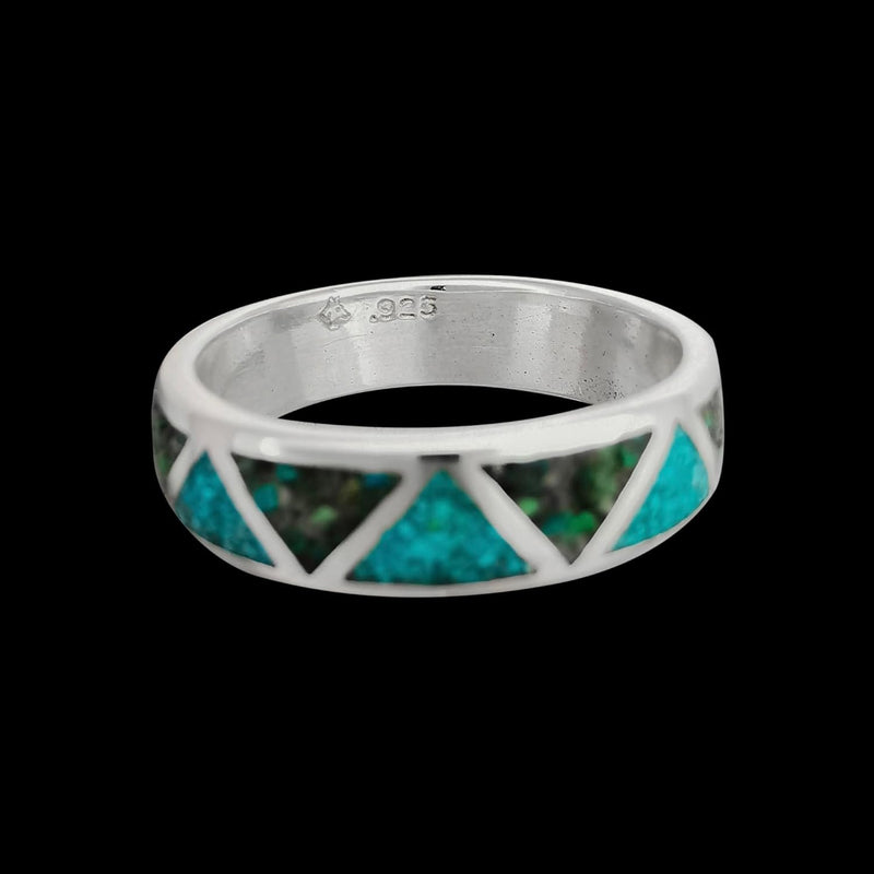 925 Sterling Silver Green Turquoise Navajo Band, Segmented Triangle Design, Handmade Geometric Jewelry, Statement Navajo Gemstone Flat Band (8)