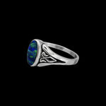 925 Sterling Silver Diamond Cut Oval Blue Opal Cabochon Ring, Iris Accent Design, Solitaire Gemstone Band, Floral Handmade Jewelry (9)