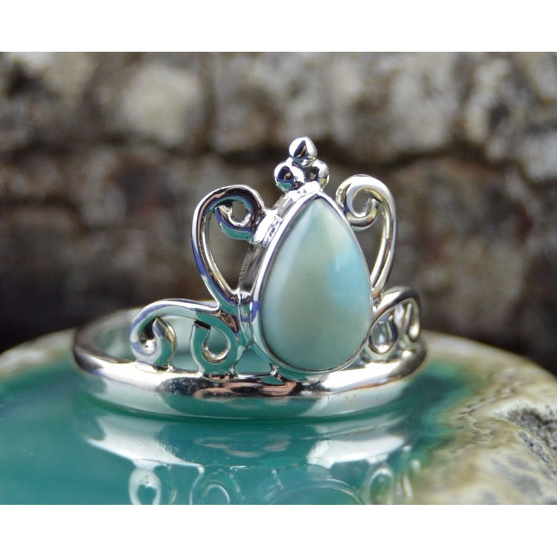 Teardrop Larimar stone in a sterling silver tiara style band size 6.75