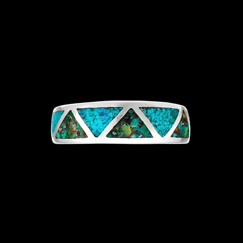 925 Sterling Silver Green Turquoise Navajo Band, Segmented Triangle Design, Handmade Geometric Jewelry, Statement Navajo Gemstone Flat Band (8)