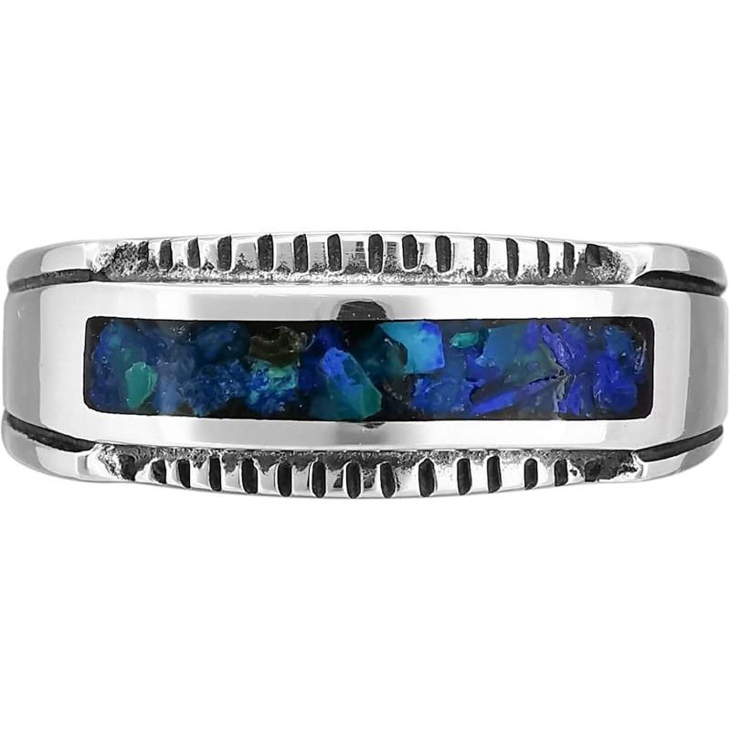 Size 11-925 Sterling Silver Rectangular Azurite Chip Ring, Sawtooth Accent Border Design, Handmade Gemstone Jewelry, Statement Birthstone Band