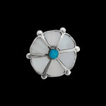 Size 6.75-925 Sterling Silver Mother of Pearl & Turquoise Flower Ring, Simple Floral Design, Handmade Gemstone Jewelry, Solitaire Cabochon Band