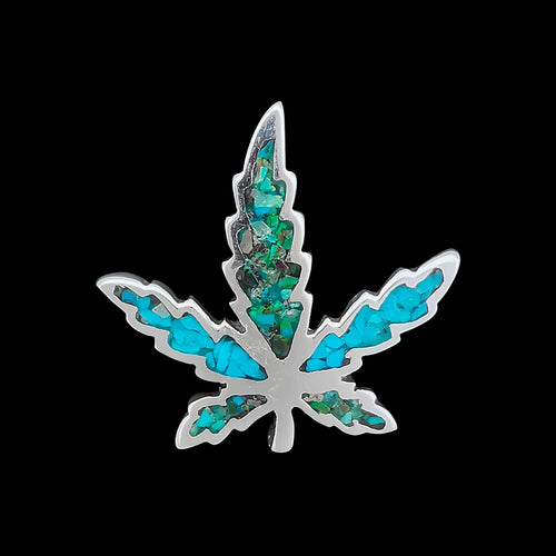 Medium Marijuana Leaf Pendant inlaid with Green and Blue Turquoise