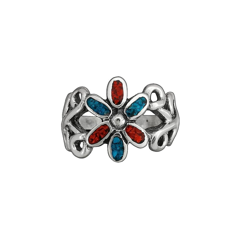 Size 5.5-925 Sterling Silver Turquoise & Red Coral Flower Ring, Simple Floral Design, Handmade Gemstone Jewelry, Statement Birthstone Band