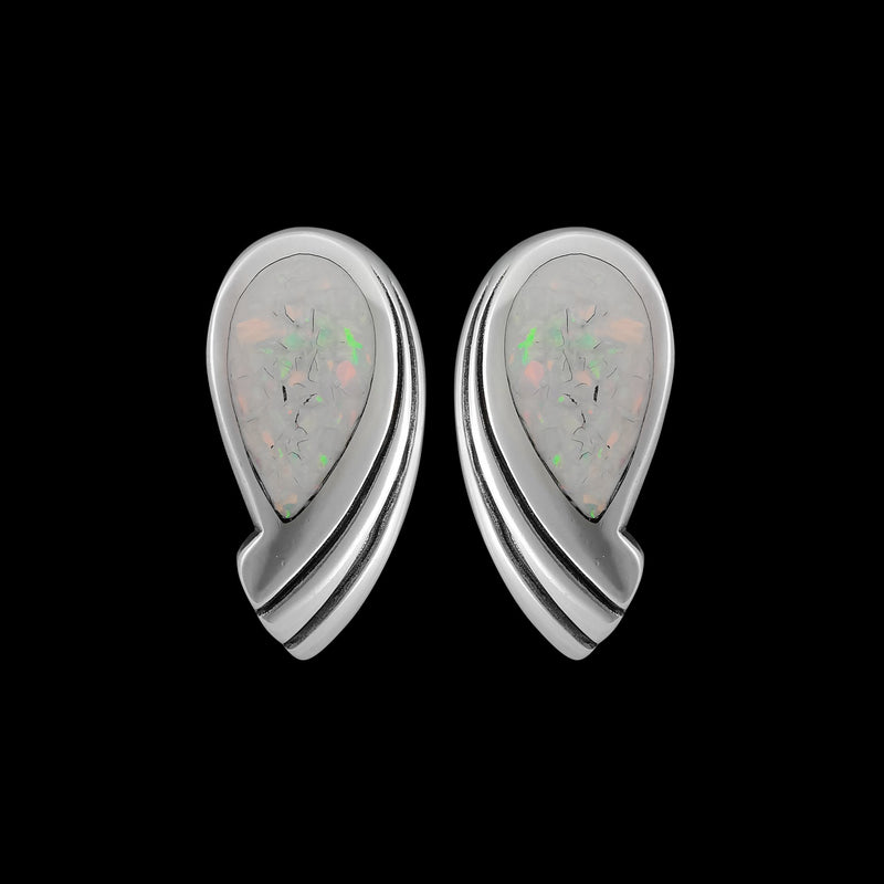 925 Sterling Silver Stud Earrings • Teardrop Shape • White Opal Gems