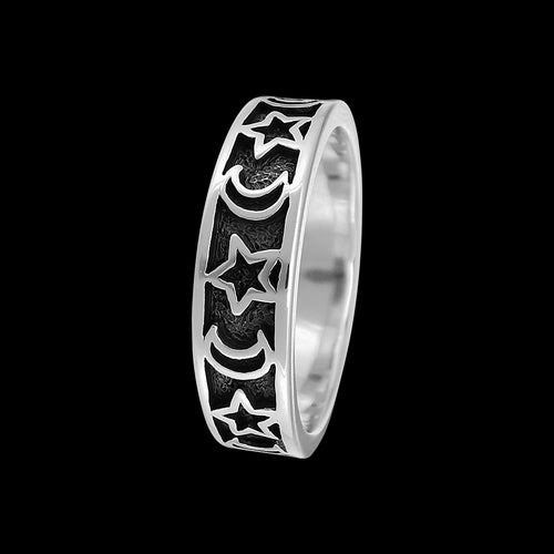 Size 9-925 Sterling Silver Moon & Stars Band, Night Sky Design, Handmade Jewelry, Crescent Moon